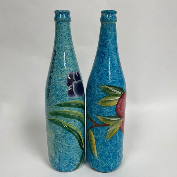Painted Glass Bottles Floral Fruits Blue 11 1/2" Tall Lot of 2 - Picture 4 of 6